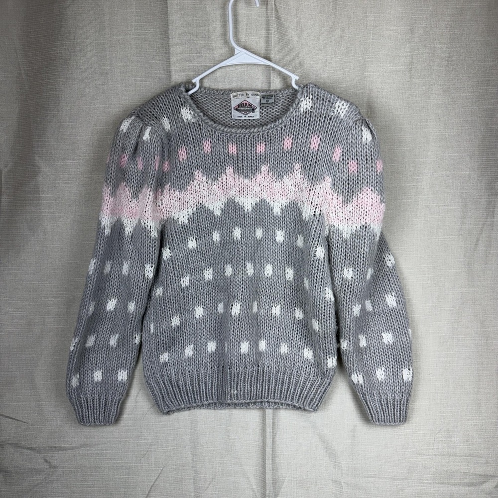 Vintage Helium Sweater Womens Medium Gray Fair Isle Hand Knit Acrylic Pullover